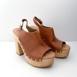 Sam Edelman Marley Leather Wooden Open Toe Studded Platform Clogs